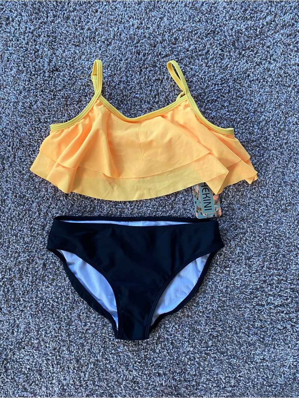 Yellow Ruffle Bikini Top with Black Bottoms - Kids Swim Set